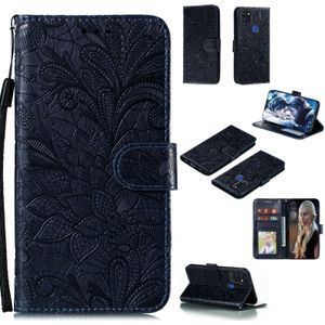 For Samsung Galaxy A21s Lace Flower Embossing Pattern Horizontal Flip Leather Case  with Holder & Card Slots & Wallet & Photo Frame & Lanyard(Dark Blue)