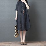 Summer Ramie Striped Loose Shirt Dress for Ladies (Color:Black Size:XL)