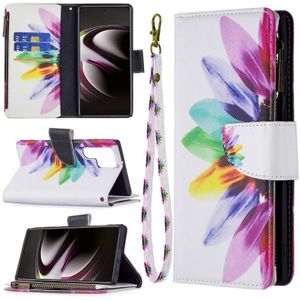 Voor Samsung Galaxy S22 Ultra 5G Gekleurde Tekening Patroon Rits Horizontale Flip Telefoon Lederen Case met Houder & Card Slots & Portemonnee (Sun Flower)