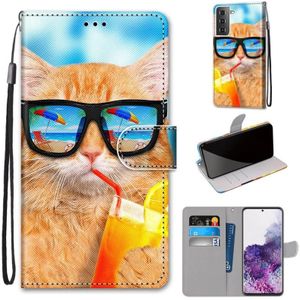 Voor Samsung Galaxy S21+ 5G Coloured Drawing Cross Texture Horizontale Flip PU Lederen case met Holder & Card Slots & Wallet & Lanyard(Cat Drinking Soda)