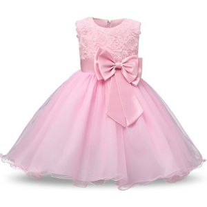 Pink Girls Sleeveless Rose Flower Pattern Bow-knot Lace Dress Show Dress  Kid Size: 140cm