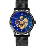 SKMEI 9216 Men Skeleton Automatic Mechanical Watch Stainless Steel Band Luminous Watch(Black Shell Blue Noodle)