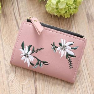 Embroidery Short Wallet PU Leather Wallets Female Floral Hasp Coin Purse Zipper Bag Card Holders(Light Pink)