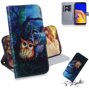Oil Painting Owl Pattern Coloured Drawing Horizontal Flip Leather Case for Galaxy J4 Plus  with Holder & Card Slots & Wallet
