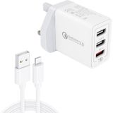 SDC-30W 2 in 1 USB naar 8-pins datakabel + 30 W QC 3.0 USB + 2 4A Dual USB 2.0-poorten mobiele telefoontablet PC Universele snelladerladerset  Britse stekker