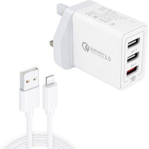 SDC-30W 2 in 1 USB to 8 Pin Data Cable + 30W QC 3.0 USB + 2.4A Dual USB 2.0 Ports Mobile Phone Tablet PC Universal Quick Charger Travel Charger Set  UK Plug