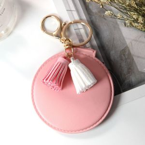 PU Leather Double Sided Girls Portable Folding Mirror Tassel Mini Makeup Mirror(Pink)