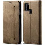 For Samsung Galaxy A21s Denim Texture Casual Style Horizontal Flip Leather Case with Holder & Card Slots & Wallet(Khaki)