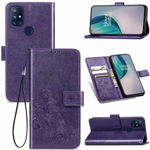 For One Plus Nord N10 5G Four-leaf Clasp Embossed Buckle Mobile Phone Protection Leather Case with Lanyard & Card Slot & Wallet & Bracket Function(Purple)