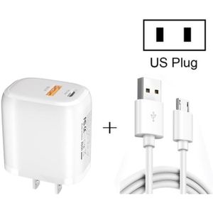 CS-20W Mini Draagbare PD3.0 + QC3.0 Dual Ports Snelle oplader met 3A USB naar Micro USB-gegevenskabel (US Plug)