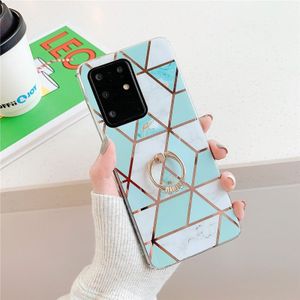For Galaxy S20 Plating Colorful Geometric Pattern Mosaic Marble TPU Mobile Phone Case Rhinestone Stand Ring(Green PR2)
