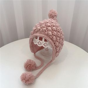 Hand-Woven Children Knitted Ear Protection Hat Autumn and Winter Thickened Baby Pineapple Grain Woolen Hat  Size: 48-53cm Head Circumference(Leather Pink)