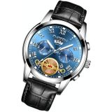 FNGEEN 4001 Men Non-Mechanical Watch Multi-Function Quartz Watch  Colour: Black Leather White Steel Blue Surface