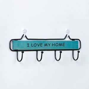Creative Solid Wood Wrought Iron Hook Pastoral Vintage Door Coat Key Small Hanging Rack  Colour:  Four Hook Blue