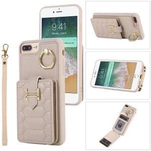 Voor iPhone 8 Plus / 7 Plus Vertical Card Bag Ring Holder Phone Case met Dual Lanyard(Beige)