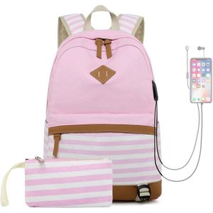 2 PCS/Set Printed Canvas Backpack Student School Bag Striped Large Capacity Backpack(Pink)