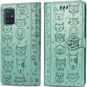 For Galaxy A71 5G Lovely Cat and Dog Embossing Pattern Horizontal Flip Leather Case  with Holder & Card Slots & Wallet & Cartoon Clasp & Lanyard( Green)