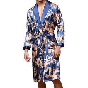 Men's Long Paragraph Silk Pajamas (Color:Sapphire Size:XL)