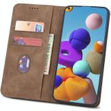 For Samsung Galaxy A21s Skin-feel Calfskin Texture Magnetic Dual-Fold Horizontal Flip Leather Case with Holder & Card Slots & Wallet(Brown)