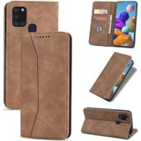 For Samsung Galaxy A21s Skin-feel Calfskin Texture Magnetic Dual-Fold Horizontal Flip Leather Case with Holder & Card Slots & Wallet(Brown)