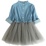 Girls Denim Jacket + Mesh Skirt Two Sets (Color:Light Blue Size:130)
