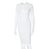 Ladies V-neck Button Lo Texture Long Sleeve Dress (Color:Black Size:L)
