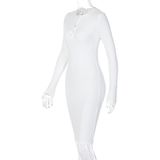 Ladies V-neck Button Lo Texture Long Sleeve Dress (Color:Black Size:L)