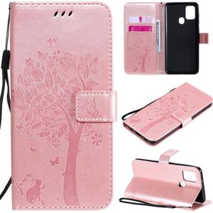 For Samsung Galaxy A21s Tree & Cat Embossed Pattern Horizontal Flip Leather Case with Holder & Card Slots & Wallet & Lanyard(Rose Gold)