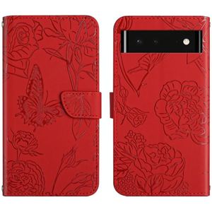 Voor Google Pixel 6 Skin Feel Butterfly Peony reliëf lederen telefooncase