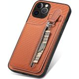 Voor iPhone 12 Pro Max Koolstofvezel Verticale Flip Rits Telefoon Case(Bruin)