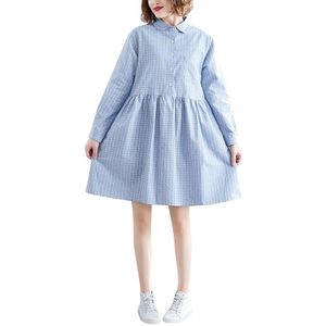 Loose Plus Size Linen Cotton Dress (Color:Blue Size:XL)