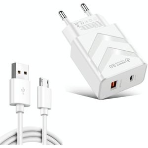 LZ-715 20W PD + QC 3.0 Dual Ports Fast Charging Travel Charger met USB naar Micro USB-gegevenskabel  EU-stekker