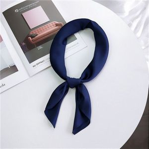 Soft Imitated Silk Fabric Solid Color Small Square Scarf Professional Silk Scarf for Women  Length: 70cm(Navy Blue)