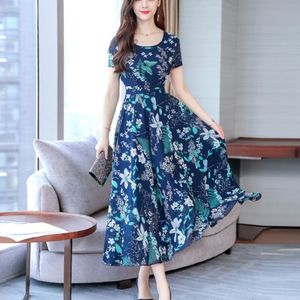 Round Neck Pleated Waist Fashionable Print Dress (Color:Blue Size:XL)