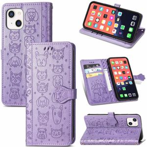 Cute Cat and Dog Embossed Horizontal Flip Leather Case with Holder & Card Slots & Wallet & Lanyard For iPhone 13 mini(Purple)