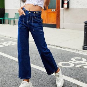 Vrouwen verstelbare riem grote zak jeans (kleur: blauw maat: S)