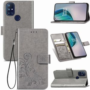 For One Plus Nord N10 5G Four-leaf Clasp Embossed Buckle Mobile Phone Protection Leather Case with Lanyard & Card Slot & Wallet & Bracket Function(Gray)