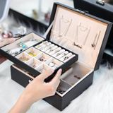 Portable Leather Jewelry Storage Box Necklace Ring Watch Storage Box  Style:Double Layer(Pink)