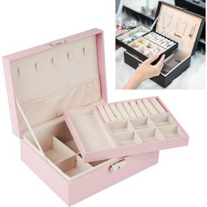 Portable Leather Jewelry Storage Box Necklace Ring Watch Storage Box  Style:Double Layer(Pink)