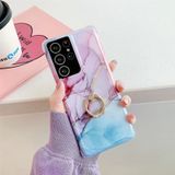 Four Corners Anti-Shattering Gold Marble IMD Phone Case with Metal Rhinestone Ring Holder For Samsung Galaxy A71 4G(Purple Blue LQ3)