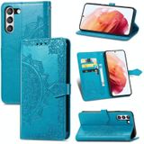 Voor Samsung Galaxy S21 FE Halfway Mandala Embossing Patroon Horizontale Flip Lederen Hoesje met Houder &Amp; Kaart Slots &Portemonnee &Lanyard (Blauw)