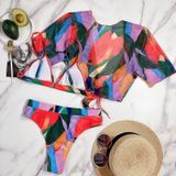 3 in 1 Square Print Bikini Ladies Split Swimsuit Set with Short Top (Color:Red Size:L)