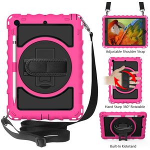 For iPad 10.2 360 Degree Rotating Case with Pencil Holder  Kickstand Shockproof Heavy Duty with Shoulder Strap Hand Strap(Hot Pink)