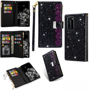 For Huawei P40 / P40 Pro Multi-card Slots Starry Sky Laser Carving Glitter Zipper Horizontal Flip Leather Case with Holder & Wallet & Lanyard(Black)