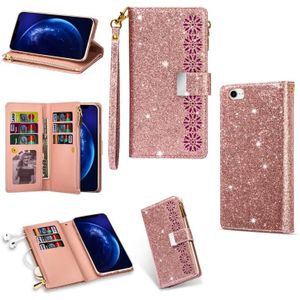 For iPhone SE 2020 / 8 / 7 Multi-card Slots Starry Sky Laser Carving Glitter Zipper Horizontal Flip Leather Case with Holder & Wallet & Lanyard(Rose Gold)