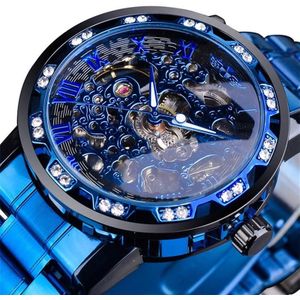 Winnaar Leisure Skeleton Diamond Luminous Pointer Horloge Mannen Handmatig Mechanisch Horloge (Blauwe Riem Zwart Shell Blauw Gezicht)