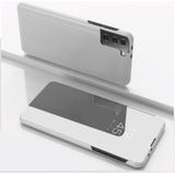 For Samsung Galaxy S21 FE Plated Mirror Horizontal Flip Leather Case with Holder(Silver)