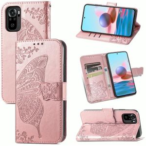 For Xiaomi Redmi Note 10 4G Butterfly Love Flower Embossed Horizontal Flip Leather Case with Bracket & Card Slot & Wallet & Lanyard(Rose Gold)