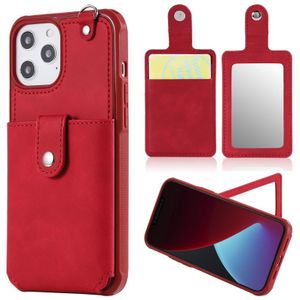 Shockproof Protective Case with Mirror & Card Slot & Short Lanyard For iPhone 12 Pro Max(Red)
