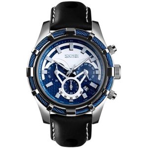 SKMEI 9189 Men Three-eye Six-pin Dial Calendar Timing Quartz Watch(Black)